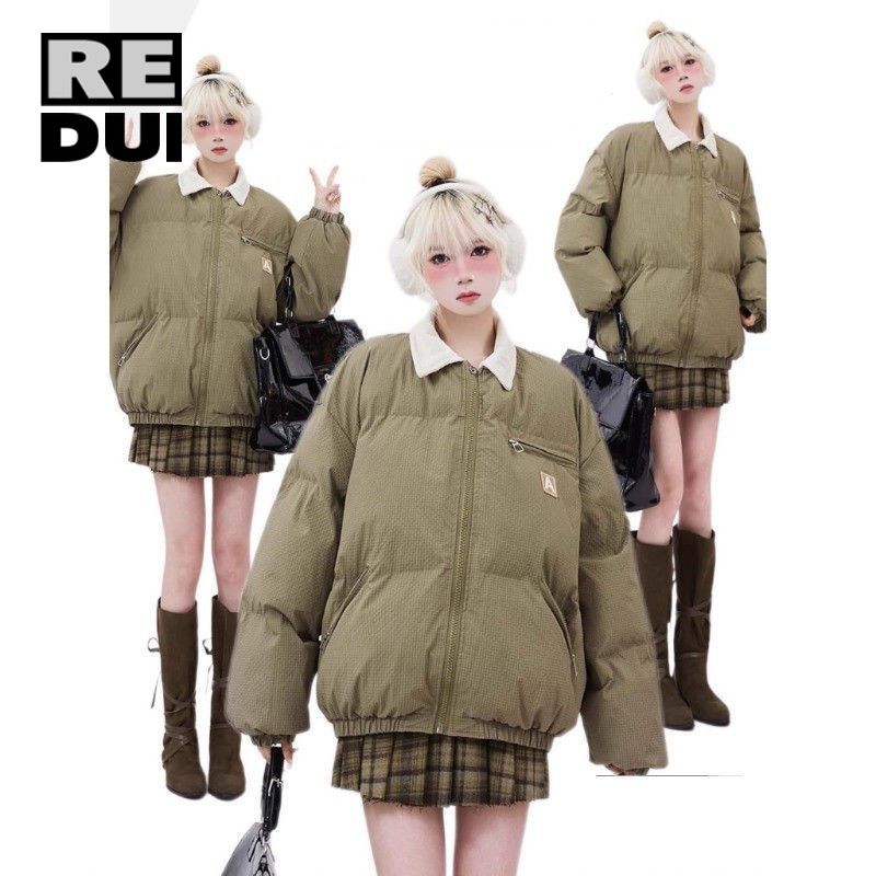 新款拉德美式翻領棉服外套學生冬季外穿麵包服加厚寬鬆復古棉衣潮