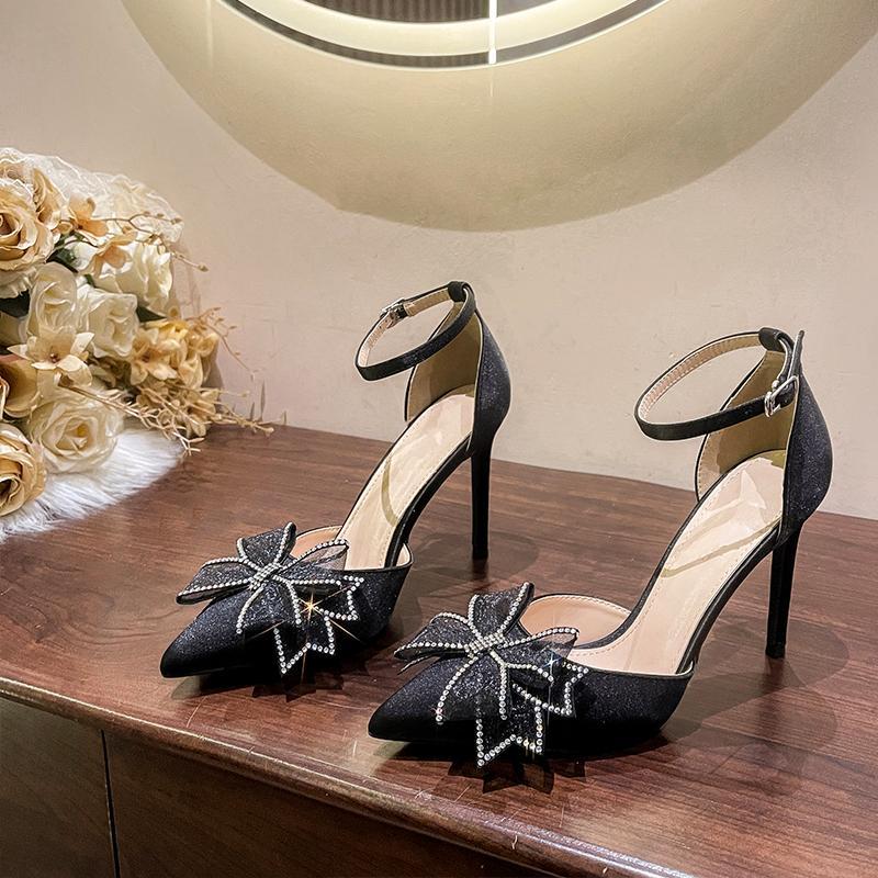 French niche temperament 2023 spring new pointed toe shallow mouth high heel stiletto women's rhinestone black shoes