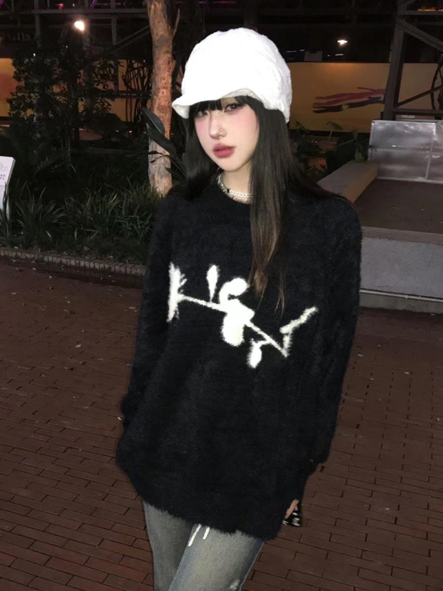 秋冬新款慵懶風毛衣男女美式寬鬆軟糯仿水貂絨針織衫復古上衣潮牌