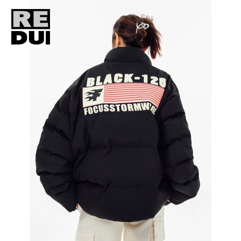 國潮美式旗幟印花棉衣棉服男女秋冬季加厚情侶款麵包服保暖外套潮