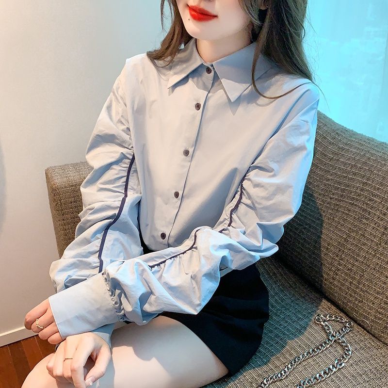 2024春季新款寬鬆型長袖POLO領純色單排扣淑女洋氣設計感小眾襯衫