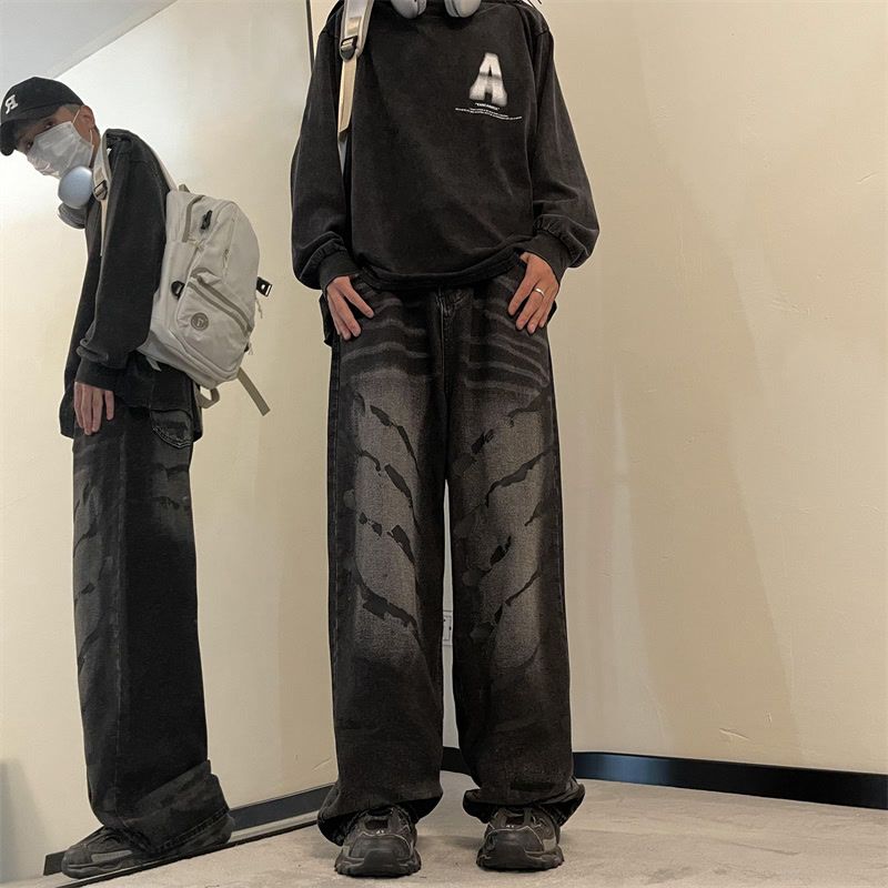 美式復古水洗直筒牛仔褲男小眾高街vibe寬鬆垂感闊腿長褲情侶褲