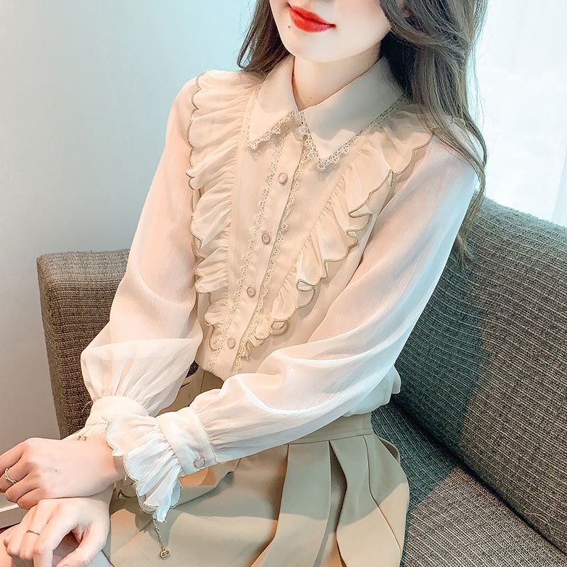 2024春季新款喇叭袖甜美淑女娃娃領長袖單排扣設計感小眾洋氣小衫
