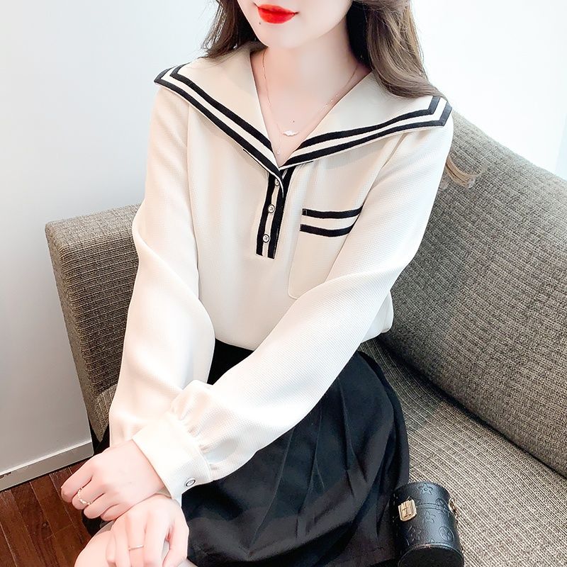 2024年早春季新款雪紡衫女時尚韓版海軍領甜美淑女套頭減齡小衫潮
