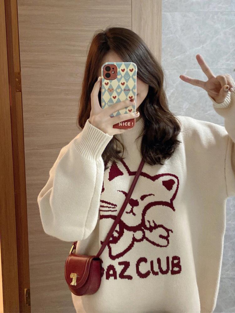 貓咪慵懶風套頭毛衣女秋冬寬鬆設計感小眾加厚圓領外穿打底針織衫