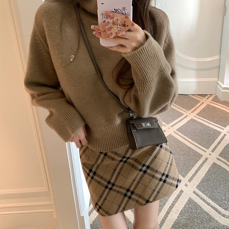 Bigking大金家 咖色復古格紋半身裙女秋冬款高腰a字格子短款裙子