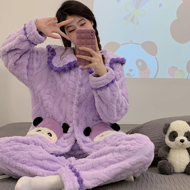 冬季新款睡衣女卡通呆萌熊貓加厚保暖珊瑚絨家居服外穿兩件套