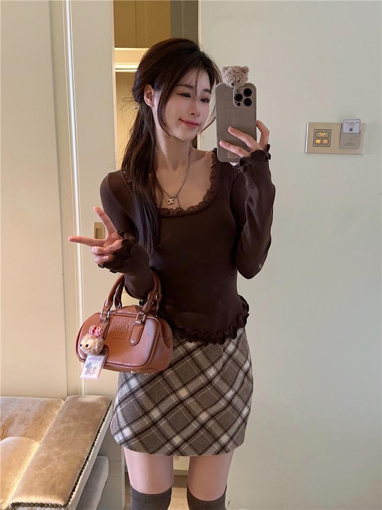 美式復古半身裙女2023秋冬新款大碼胖MM毛呢包臀裙A字裙格紋短裙