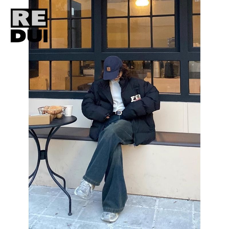 美式立領棉服情侶字母冬季印花加厚國潮寬鬆外套麵包男女潮牌棉衣
