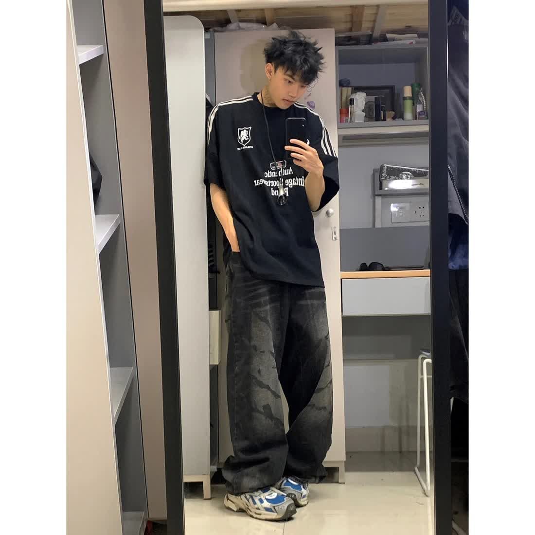 美式復古水洗牛仔褲男設計感小眾高街痞帥高級感褲子情侶闊腿長褲
