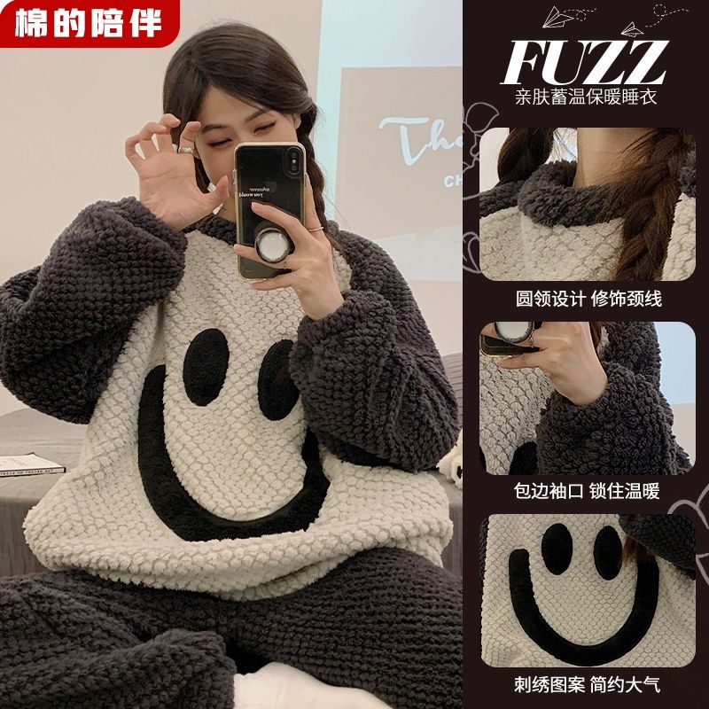 Winter pajamas for women plus velvet and thickened coral velvet round neck suit warm cartoon lazy style ins dormitory home clothes