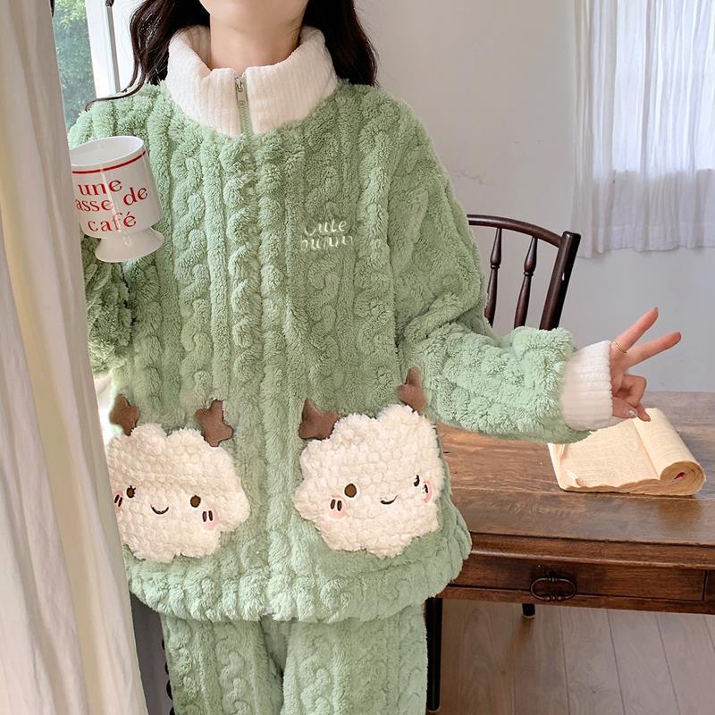 珊瑚絨睡衣女秋冬季新款加厚加絨簡約純色甜美麥穗絨保暖家居服