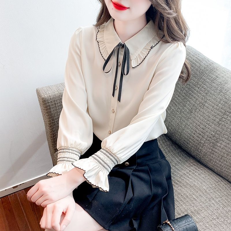 2024年春季新款長袖襯衫女單排扣雪紡娃娃領洋氣百搭喇叭袖長袖潮