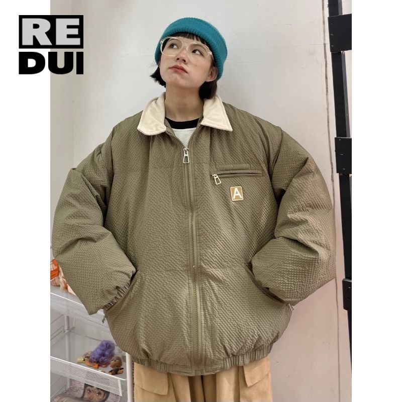 古着感翻領麵包服棉衣男女2023冬季新款寬鬆bf小個子加厚高街外套
