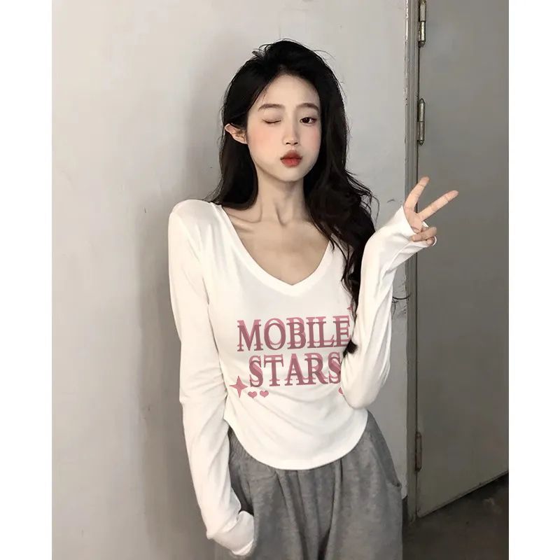 白色長袖t恤女短款上衣早秋百搭新款修身薄款純棉內搭v領打底衫潮