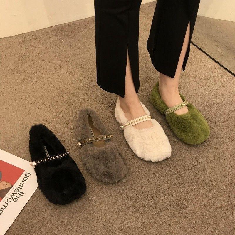 毛毛鞋女2023秋冬新款鏈條珍珠舒適加絨保暖豆豆鞋棉鞋