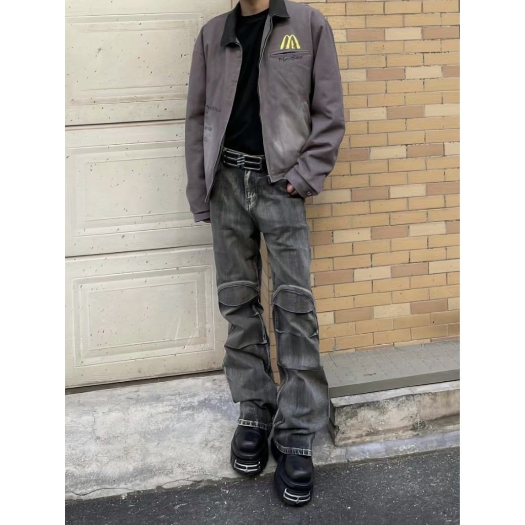 美式設計感小眾褶皺微喇叭牛仔褲男潮牌高街vibe直筒寬鬆做舊褲子