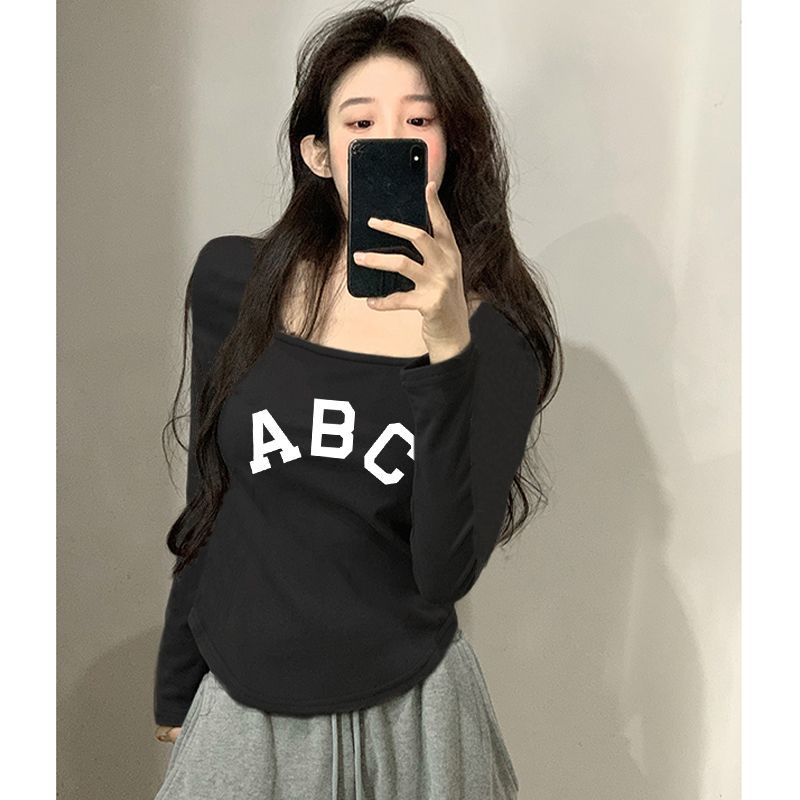 設計感小眾正肩長袖t恤女春秋冬內搭方領打底衫辣妹修身顯瘦上衣
