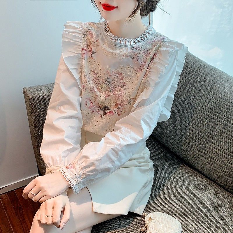 2024春季新款簡約甜美淑女標準長袖荷葉領植物花卉設計感小眾上衣
