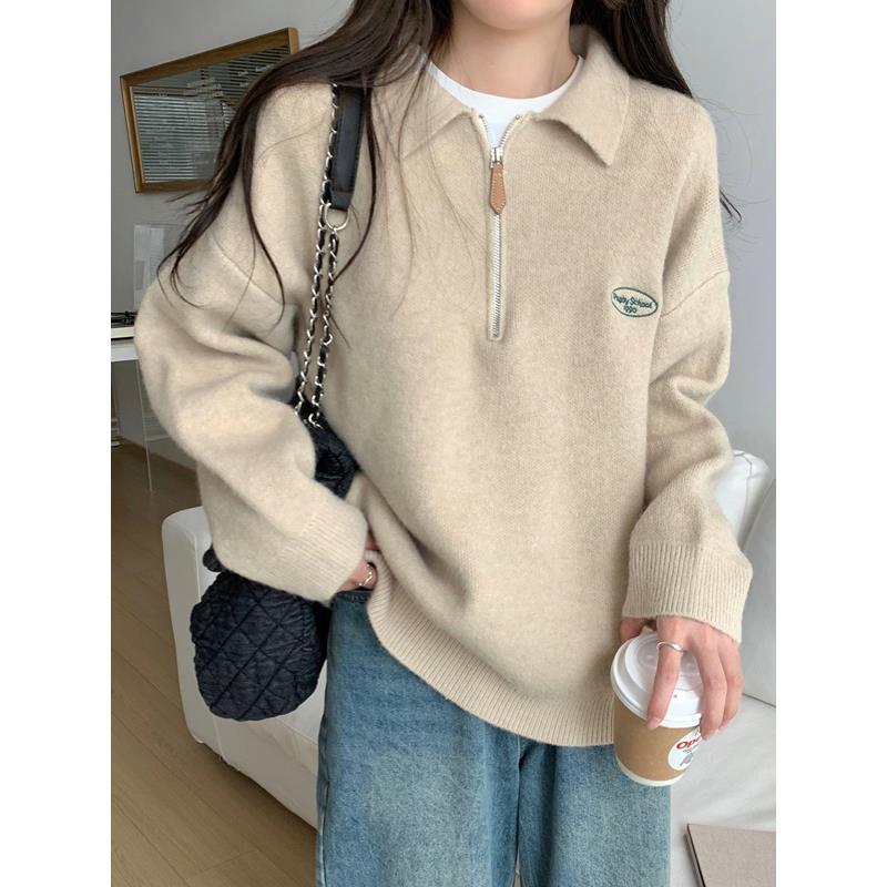 半拉鏈polo領字母刺繡套頭毛衣女秋冬內搭慵懶風寬鬆打底針織上衣