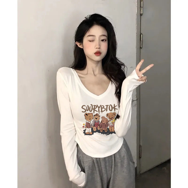 辣妹V領白色正肩長袖t恤女春秋內搭打底衫設計感修身收腰短款上衣