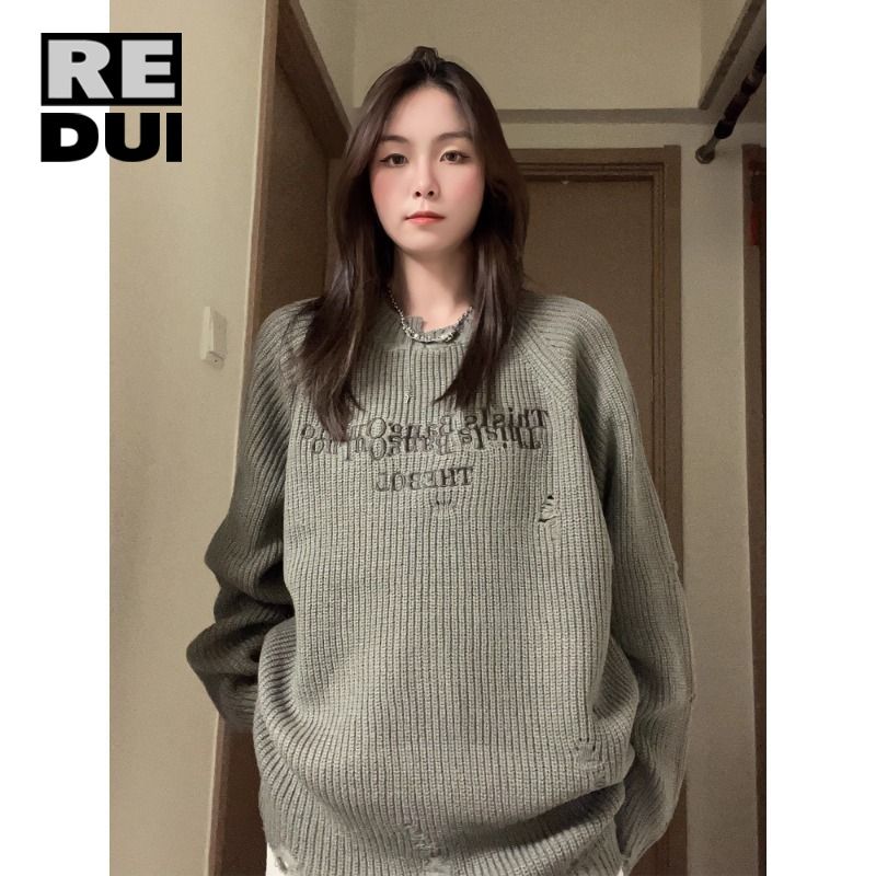 秋冬毛衣美式不規則寬鬆慵懶男女新款復古圓領情侶針織針織衫上衣