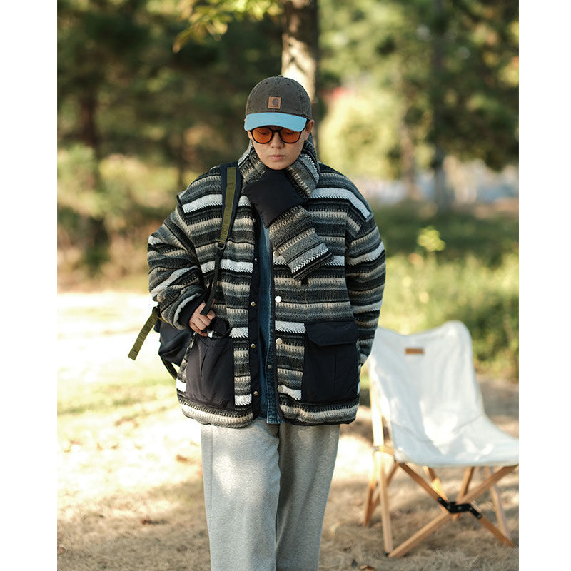 Japanese retro winter vintage woolen striped reversible men's diamond check all-match cotton ins cotton coat