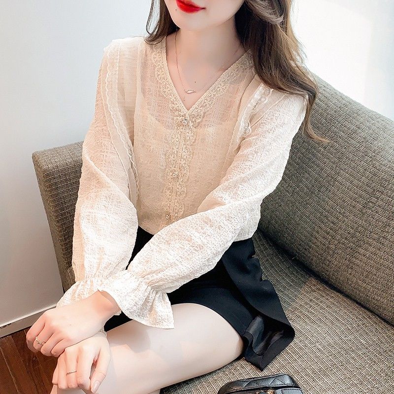 2024春季新款甜美淑女標準H型V領雪紡上衣女套頭喇叭袖長袖小衫潮