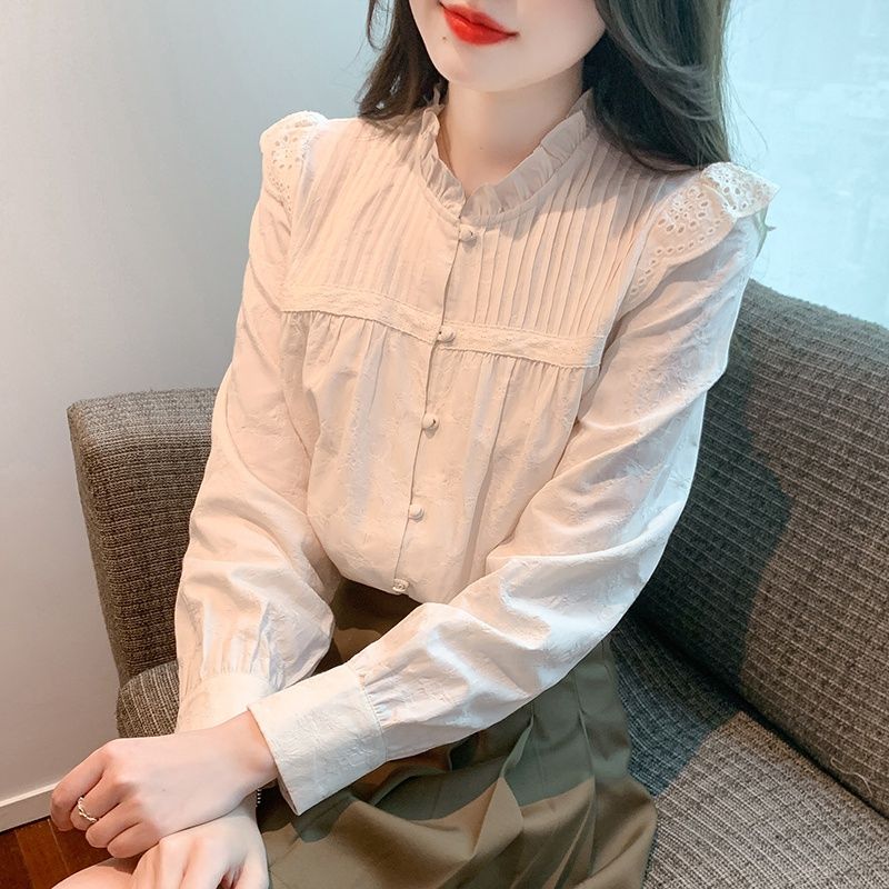 2024年春季新款蕾絲荷葉邊女士上衣法式百搭遮肚子顯瘦減齡小衫潮