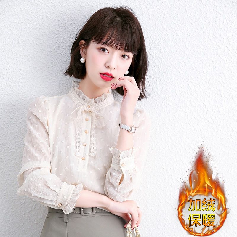 2024春季新款長袖雪紡襯衫上衣女時尚洋氣加絨保暖純色遮肚子小衫