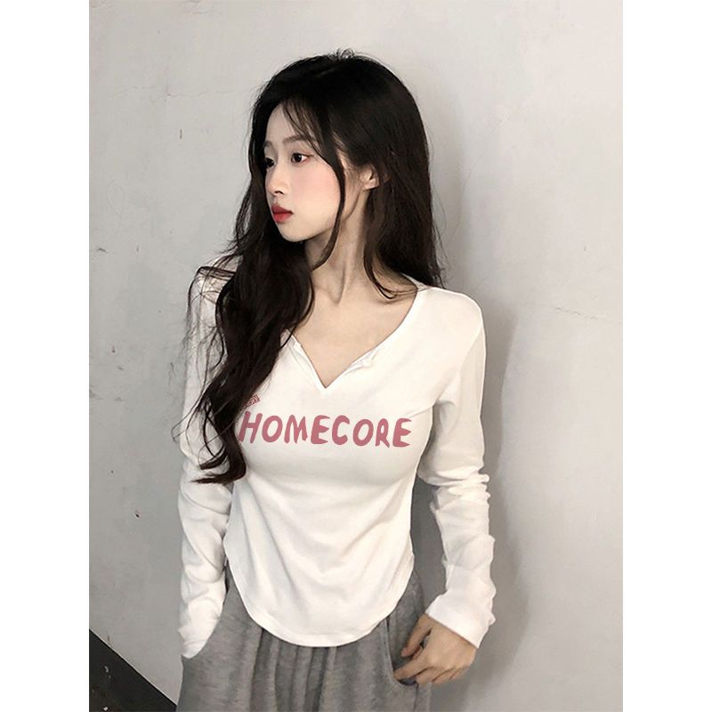 甜辣白色韓版V領長袖T恤女早秋新款純欲風小眾修身顯瘦打底衫上衣