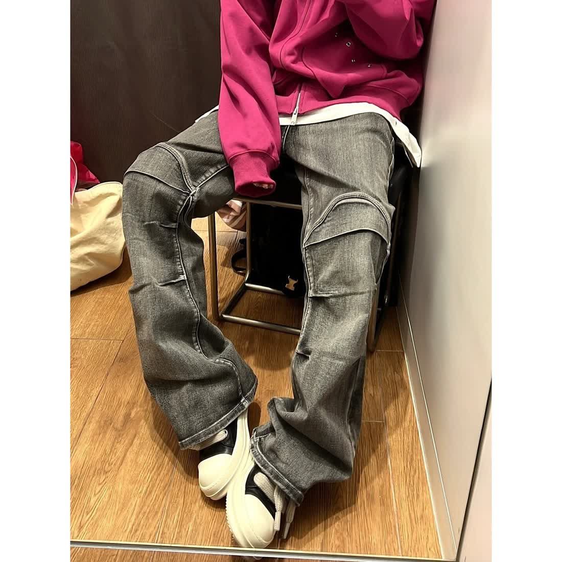 美式原創美式復古水洗做舊褶皺微喇牛仔褲男女情侶高街寬鬆長褲