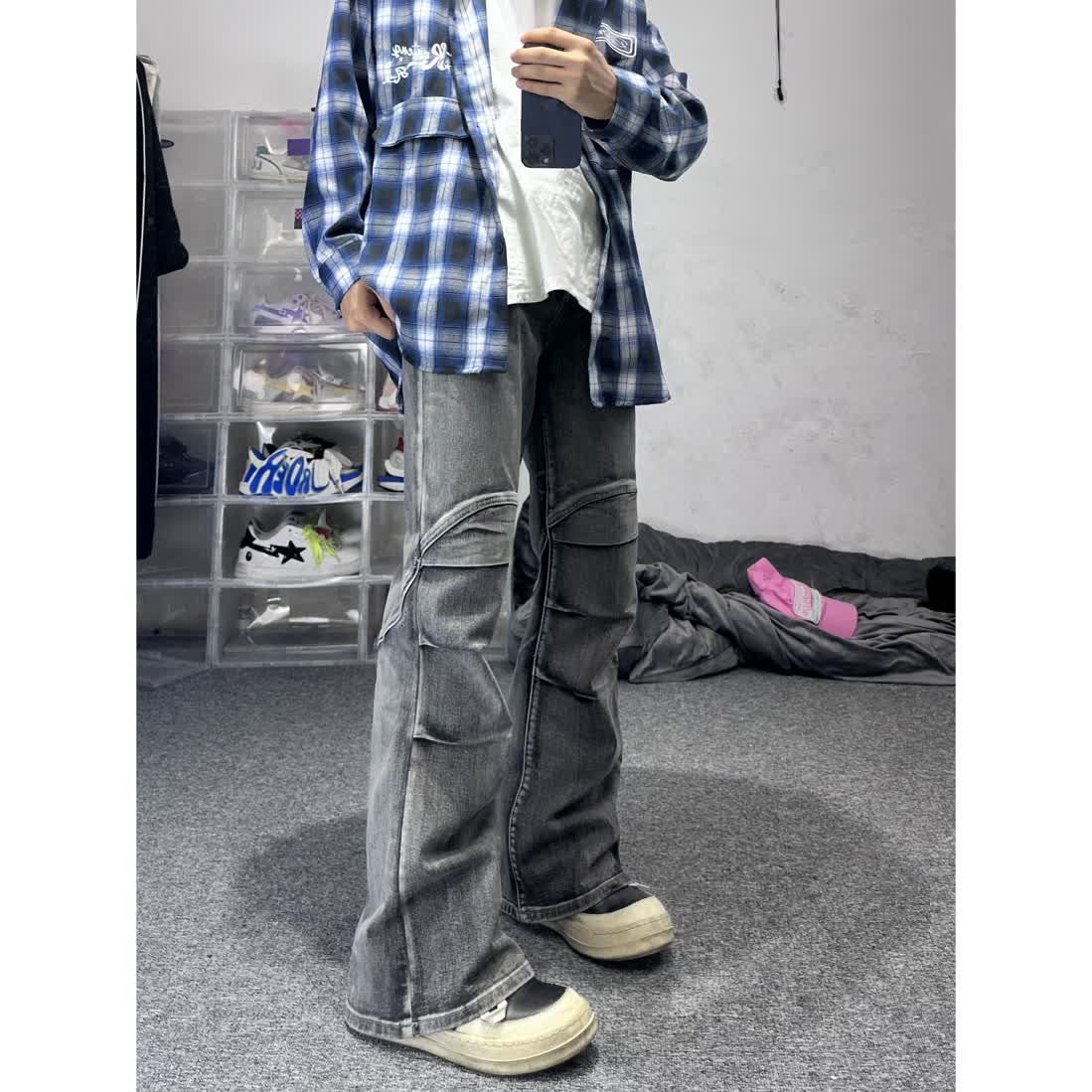 美式復古cleanfit牛仔褲男痞帥炸街廢土風水洗皺褶直筒微喇長褲