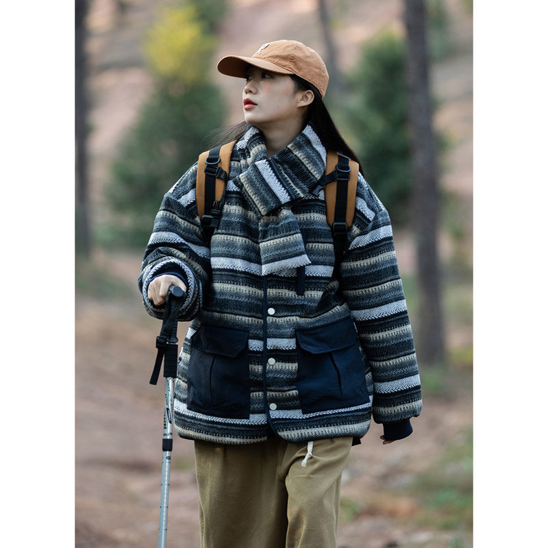 (With scarf) Japanese retro loose woolen reversible couple casual cotton clothes for men and women cotton jackets winter
