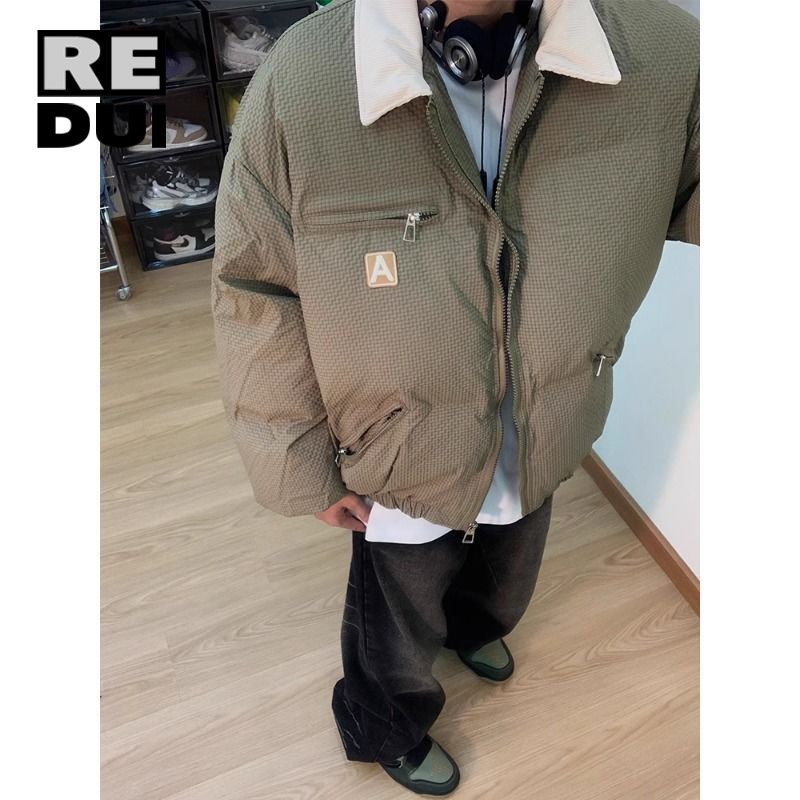 復古肌理格紋翻領棉衣美式男女冬季新款寬鬆情侶百搭加厚棉服外套