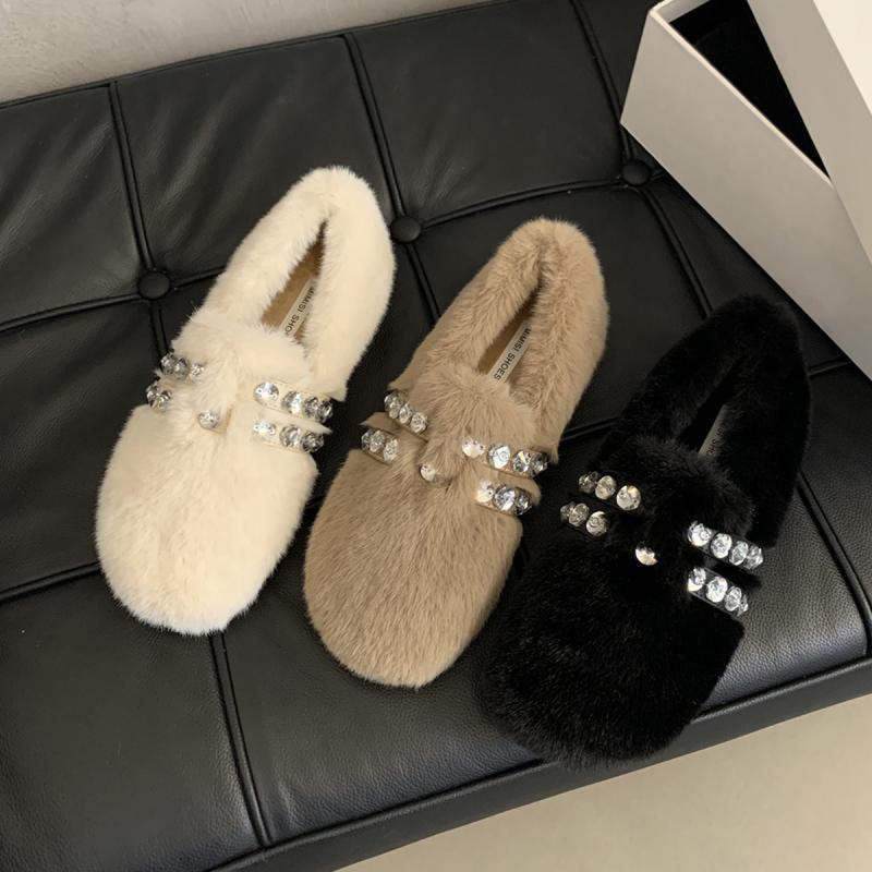 Women's winter outerwear with rhinestone fur shoes 2023 new mink plush beanie shoes for women plus velvet flat-soled slip-on cotton shoes