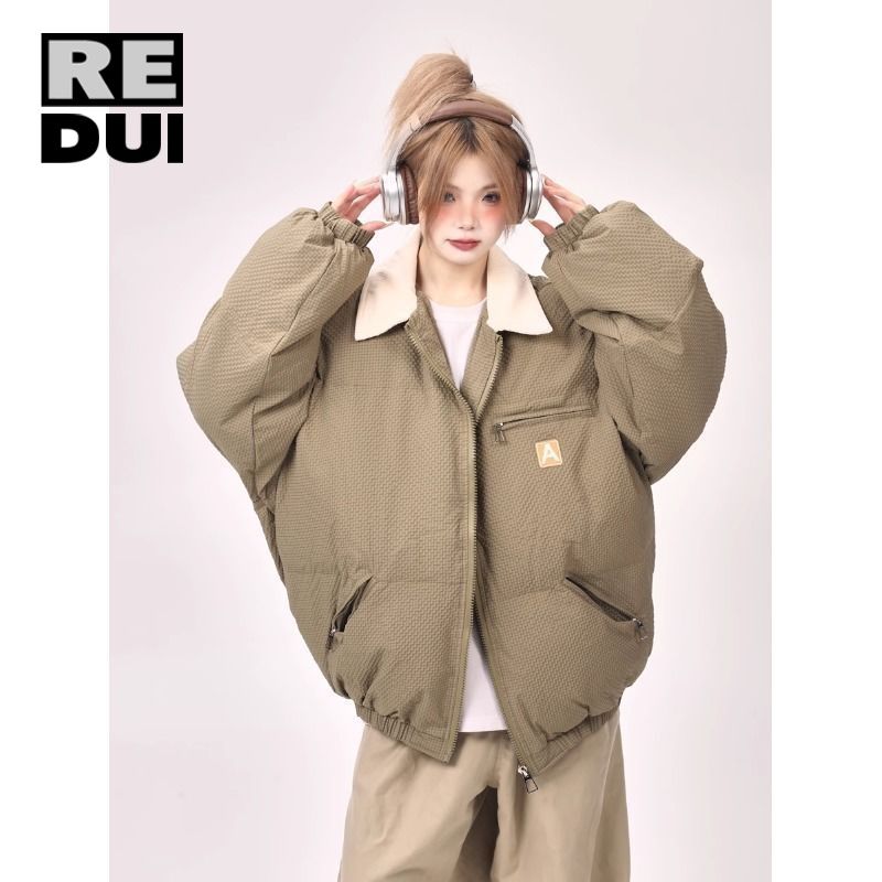 冬季設計感加厚棉衣外套寬鬆休閒小眾復古華夫格翻領棉服女麵包服