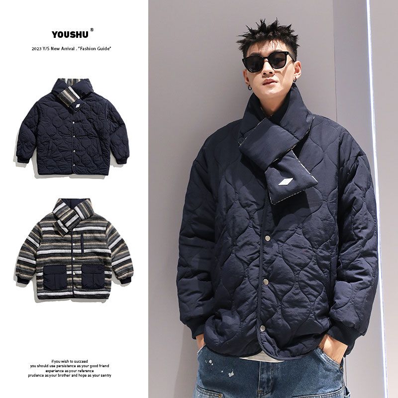 Scarf style striped thickened reversible cotton coat men's winter Korean style ins design niche warm couple jacket