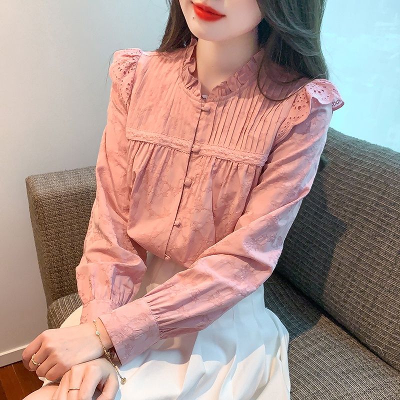 2024春季新款高檔簡約單排扣喇叭袖淑女標準荷葉領長袖純色小衫潮