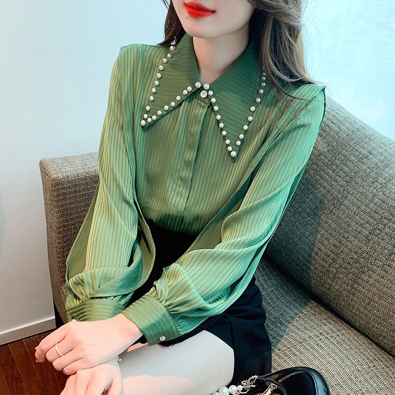 2024春季新款優雅簡約上衣釘珠提花條紋娃娃領長袖時尚洋氣襯衫潮