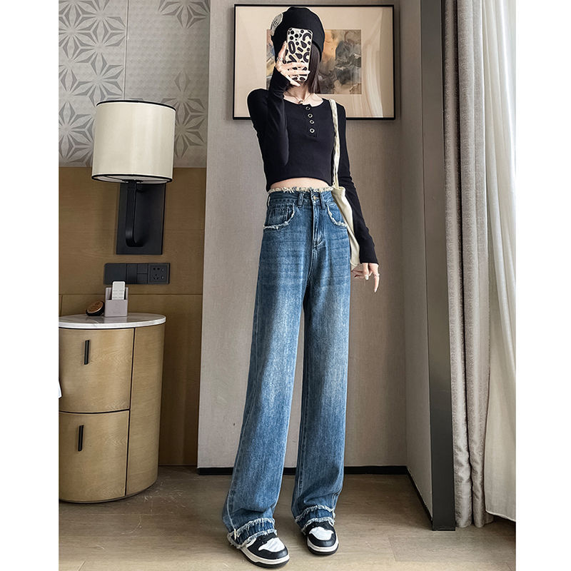 個性百搭毛邊闊腿牛仔褲女2023新款秋冬高腰設計感寬鬆直筒牛仔褲