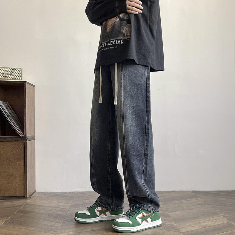美式復古直筒牛仔褲女秋季抽繩寬鬆闊腿2023新款小個子褲子女秋冬