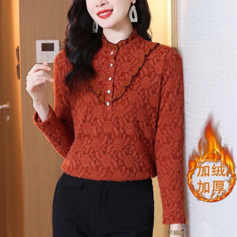 加絨加厚磨毛蕾絲打底衫女2023年秋冬新款花邊荷葉領洋氣顯瘦上衣