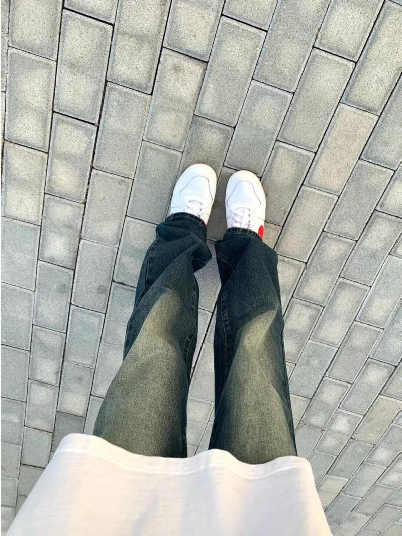 高腰復古闊腿牛仔褲女2022新款高腰做舊直筒褲垂感顯瘦拖地長褲子