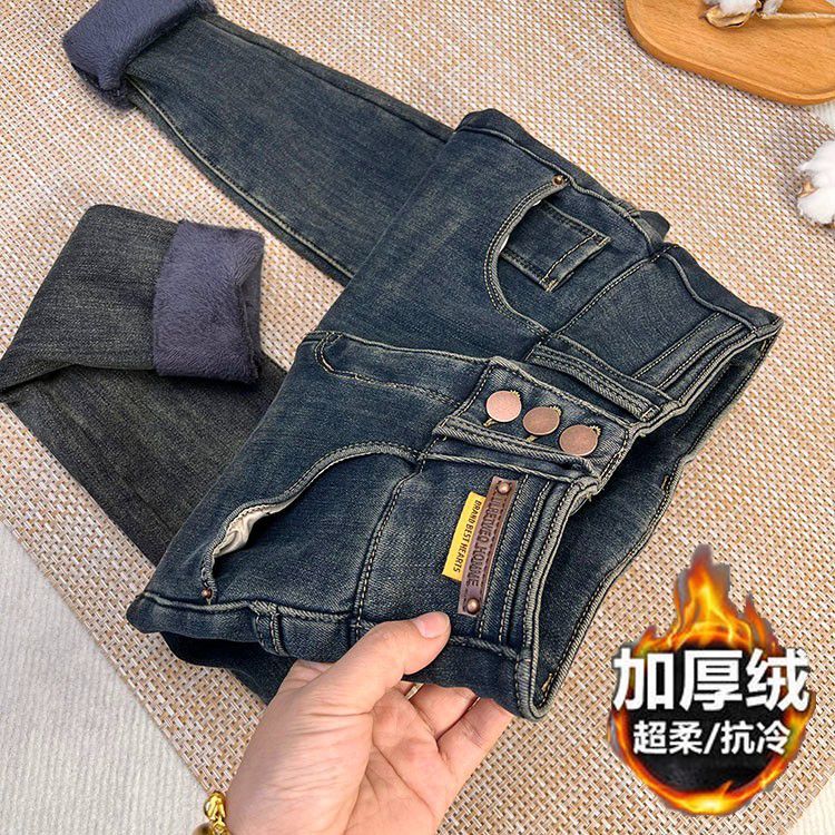 水泥灰復古高腰緊身2023冬季新款加厚加絨牛仔褲女新款顯瘦小腳褲