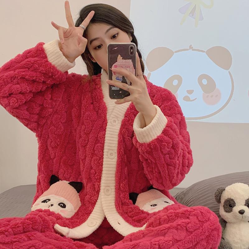 韓國熊貓秋冬季睡衣女新款紅色高級感開衫家居服套裝顯白氣質保暖