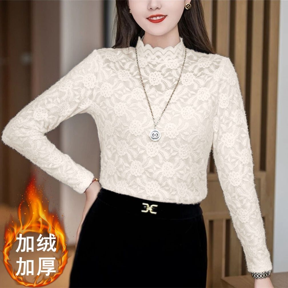 加絨加厚磨毛蕾絲打底衫女2023秋冬新款半高領蕾絲衫內搭外穿上衣