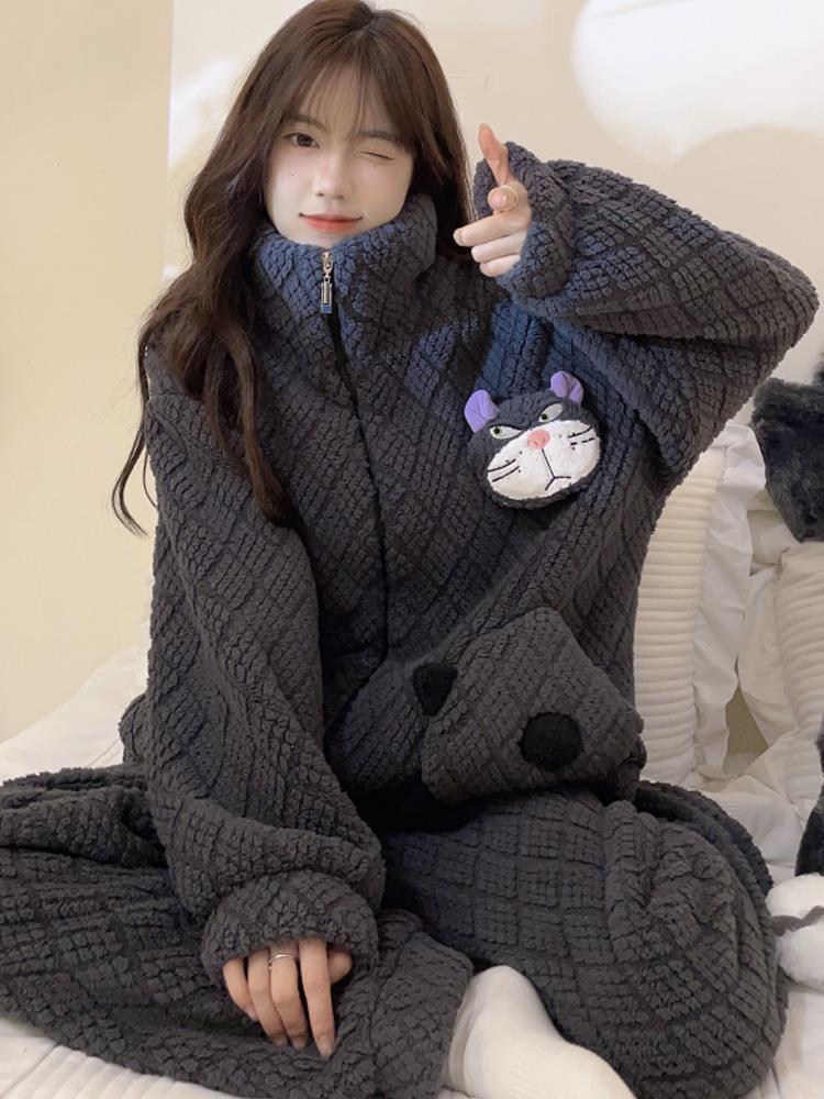 秋冬季珊瑚絨睡衣女款冬季法蘭絨加厚加絨卡通貓咪拉鏈家居服套裝