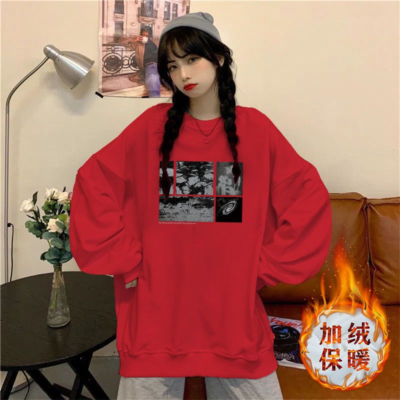 新年紅色衛衣女2023秋冬新款套頭加絨加厚衛衣寬鬆長袖印花上衣女