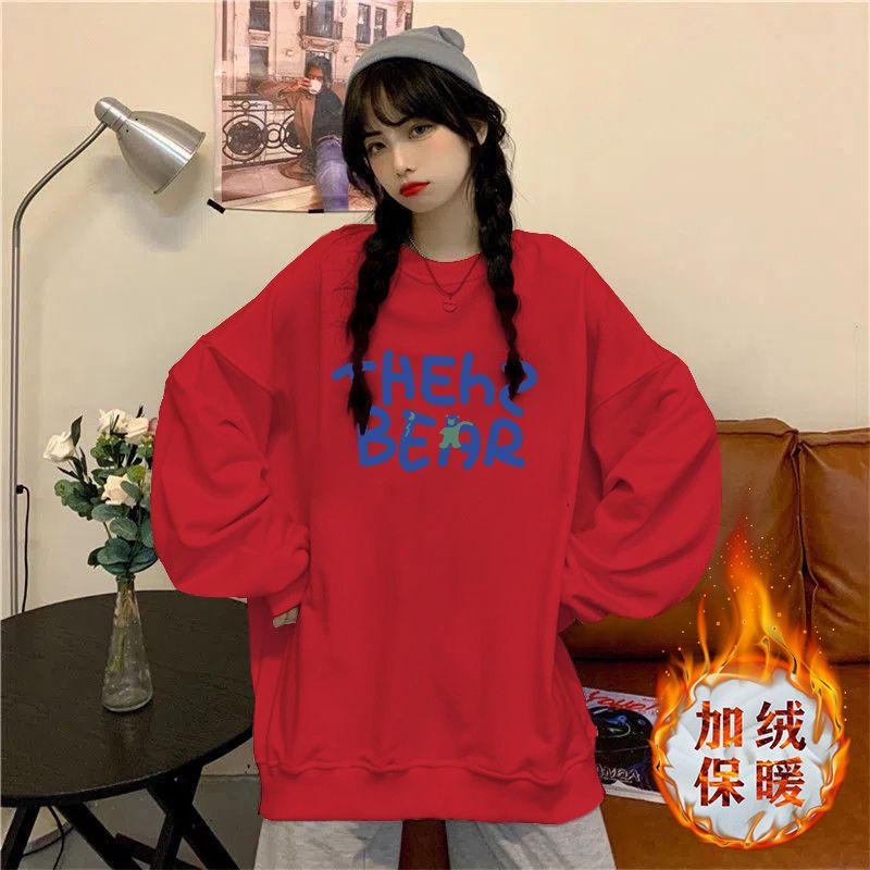 新年紅色衛衣女2023秋冬新款套頭加絨加厚衛衣寬鬆長袖印花上衣女